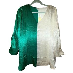 JODIFL Green and Cream Colorblock V-Neck Satin 3/4 Sleeve Blouse- NEW WITH TAGS